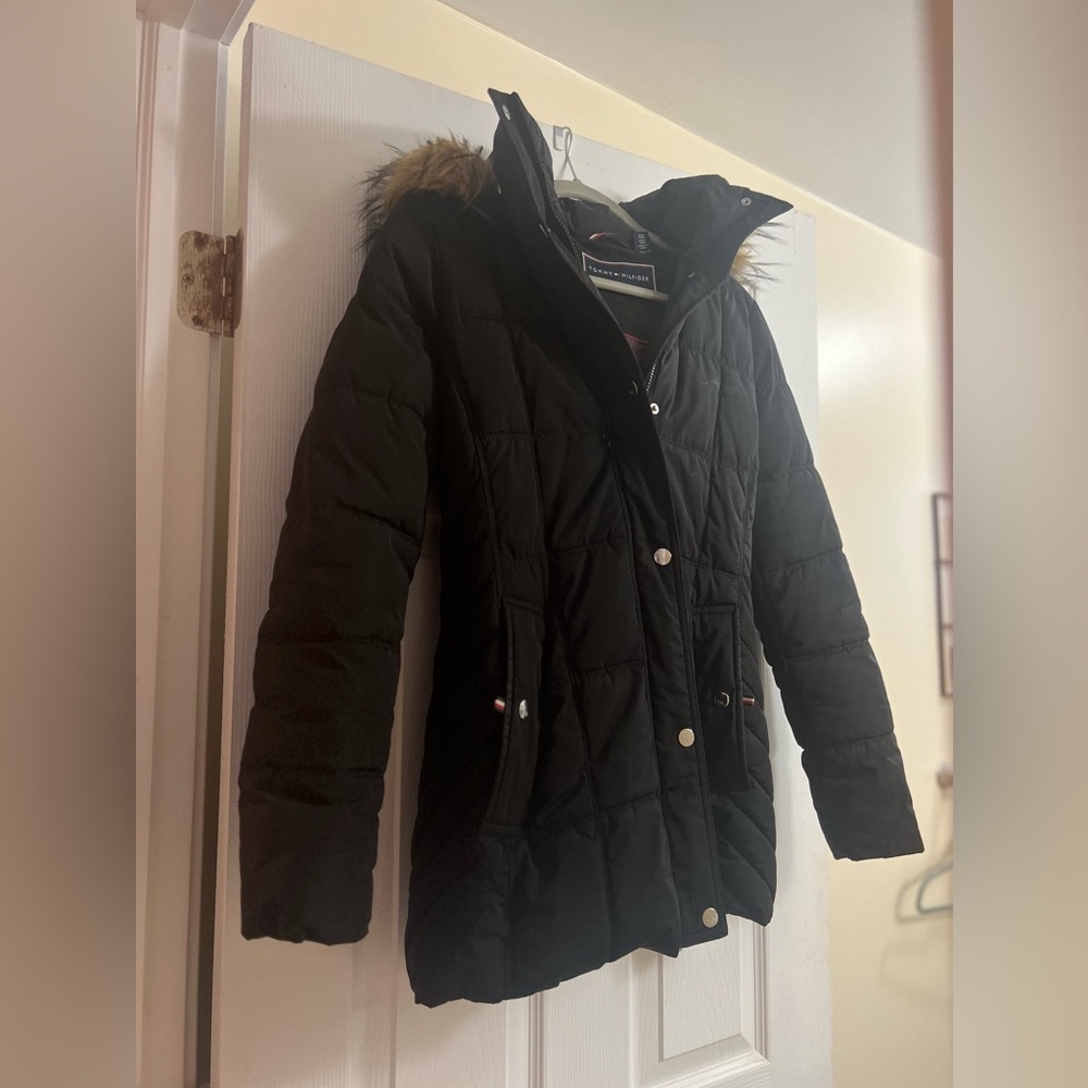 Black Quilted Hooded Winter Coat with Faux Fur Trim
